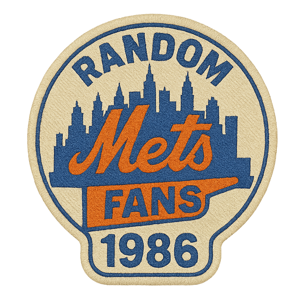 Retro embroidered “Random Mets Fans” 1986 patch featuring the New York City skyline in Mets blue, orange script lettering, and vintage cream stitching.
