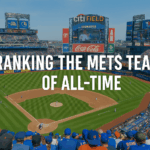 Wide-angle view of Citi Field packed with New York Mets fans in blue and orange during a sunny afternoon game, featuring the scoreboard and bold text “Ranking the Mets Teams of All-Time.”