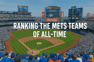 Wide-angle view of Citi Field packed with New York Mets fans in blue and orange during a sunny afternoon game, featuring the scoreboard and bold text “Ranking the Mets Teams of All-Time.”